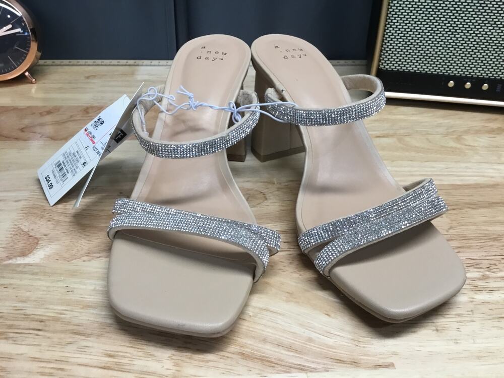 A New Day Stacy Mule Slide Sandals Women's 7.5 Silver Rhinestones Slip-On Preppy